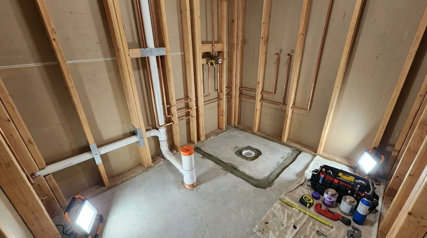 Bathroom rough-in plumbing during remodel by Johns Plumbing LLC in Santa Rosa