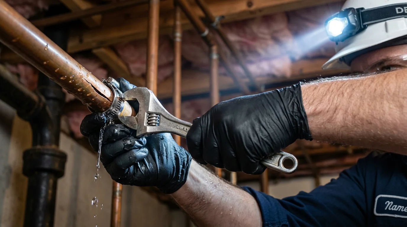 Emergency pipe clamp repair being performed by a Johns Plumbing LLC plumber in Santa Rosa