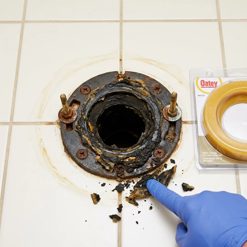 Failed wax ring showing water seepage at the base of a toilet in a Santa Rosa, NM home