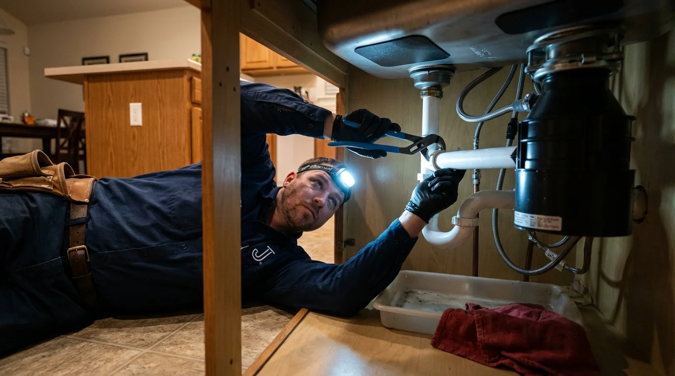 P-trap and supply line connections under a kitchen sink showing a common leak point in Santa Rosa, NM